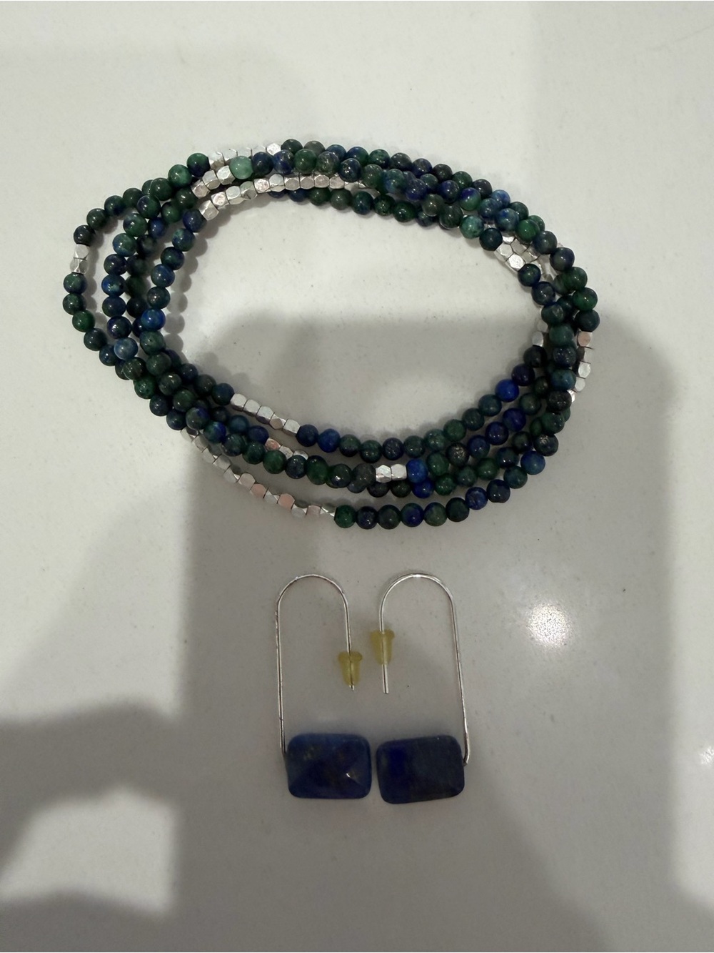 Scout Multi-Strand Green & Blue Beaded Bracelet with Blue Stone Drop Earrings